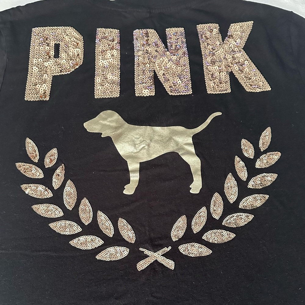 Women PINK by Victoria's Secret Black Bling Short Sleeve Tee Shirt Size Large